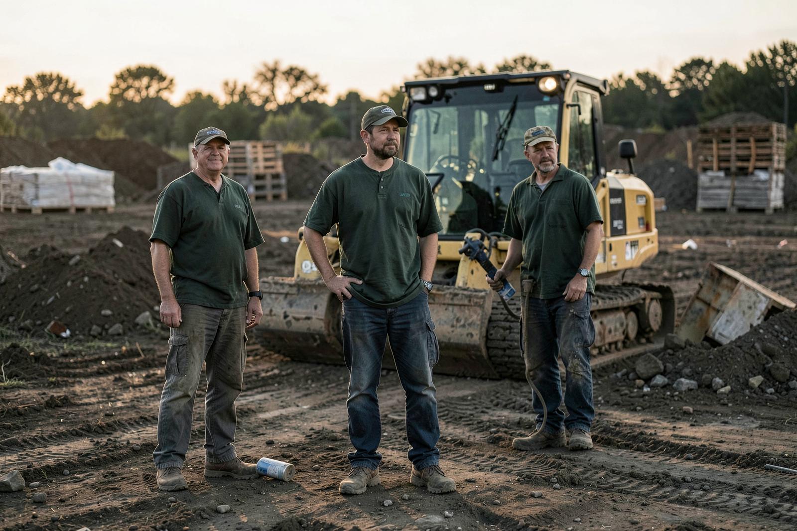 Landscape construction crew in branded shirts on a jobsite