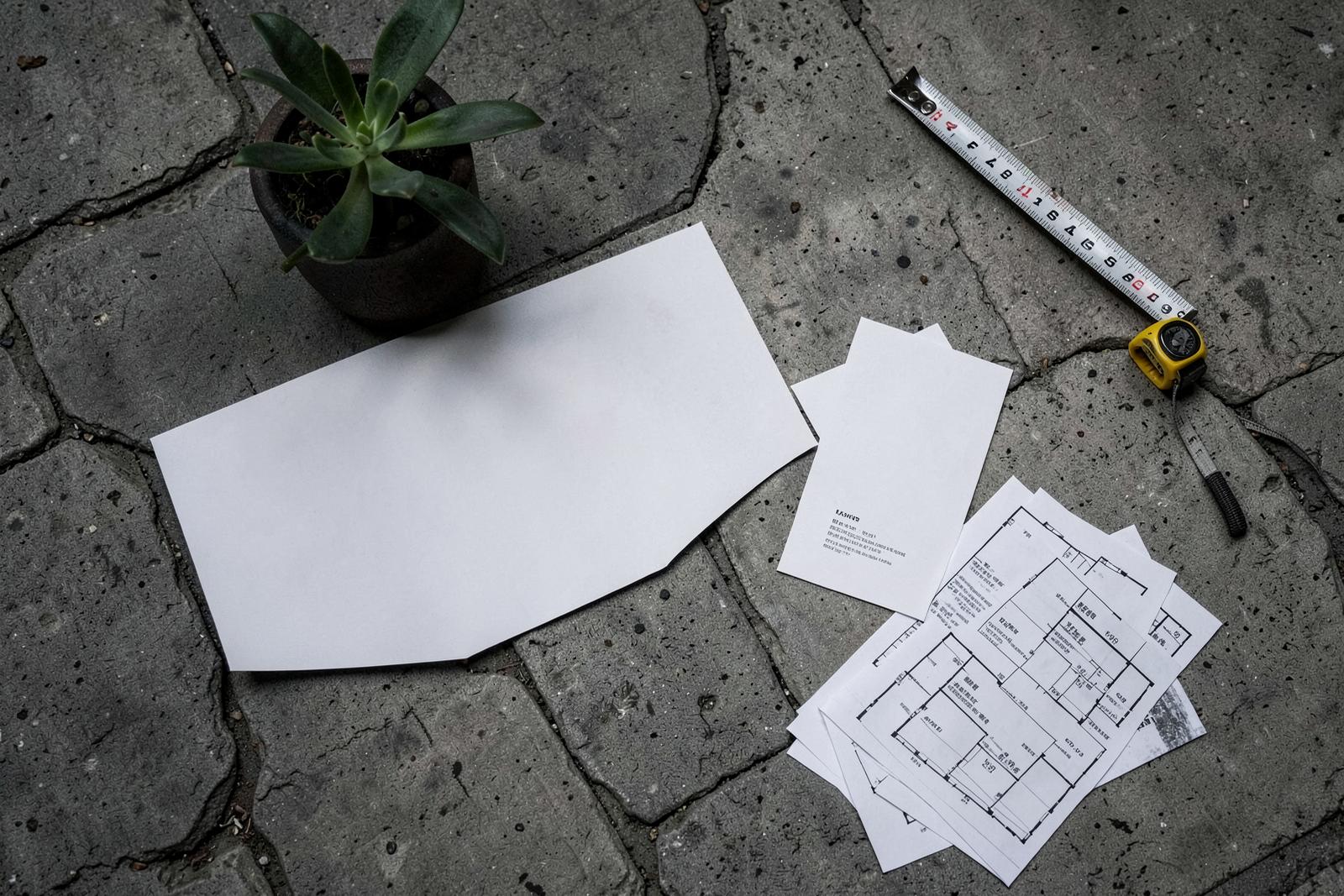 Business cards, flyers and site plans arranged on concrete pavers