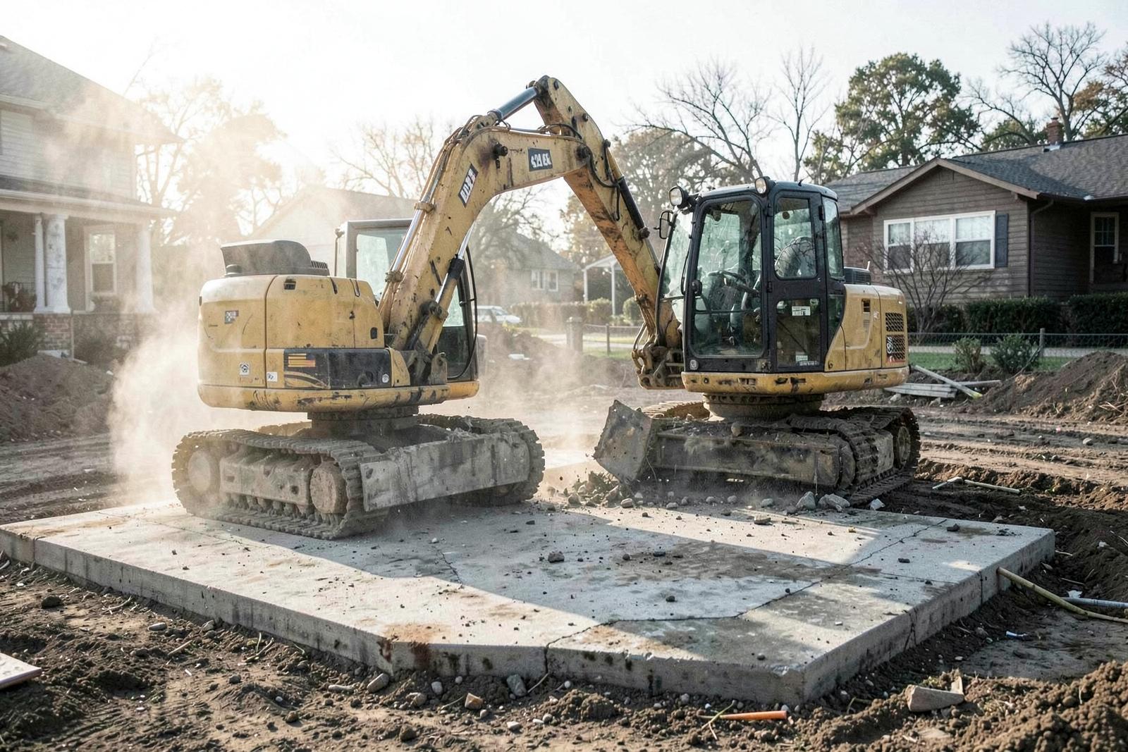 Excavator demolishing an old patio