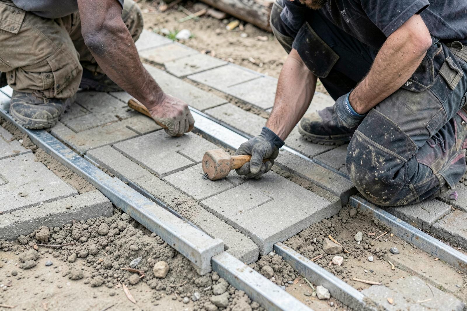 Hardscape crew installing pavers being documented on a jobsite