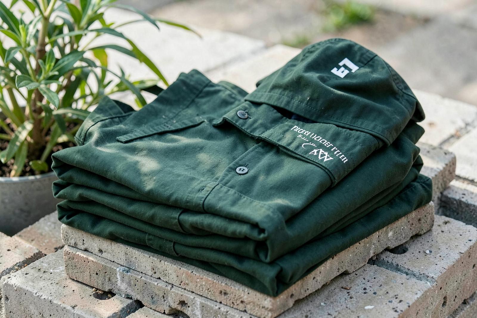 Folded branded green work shirts and cap on concrete pavers